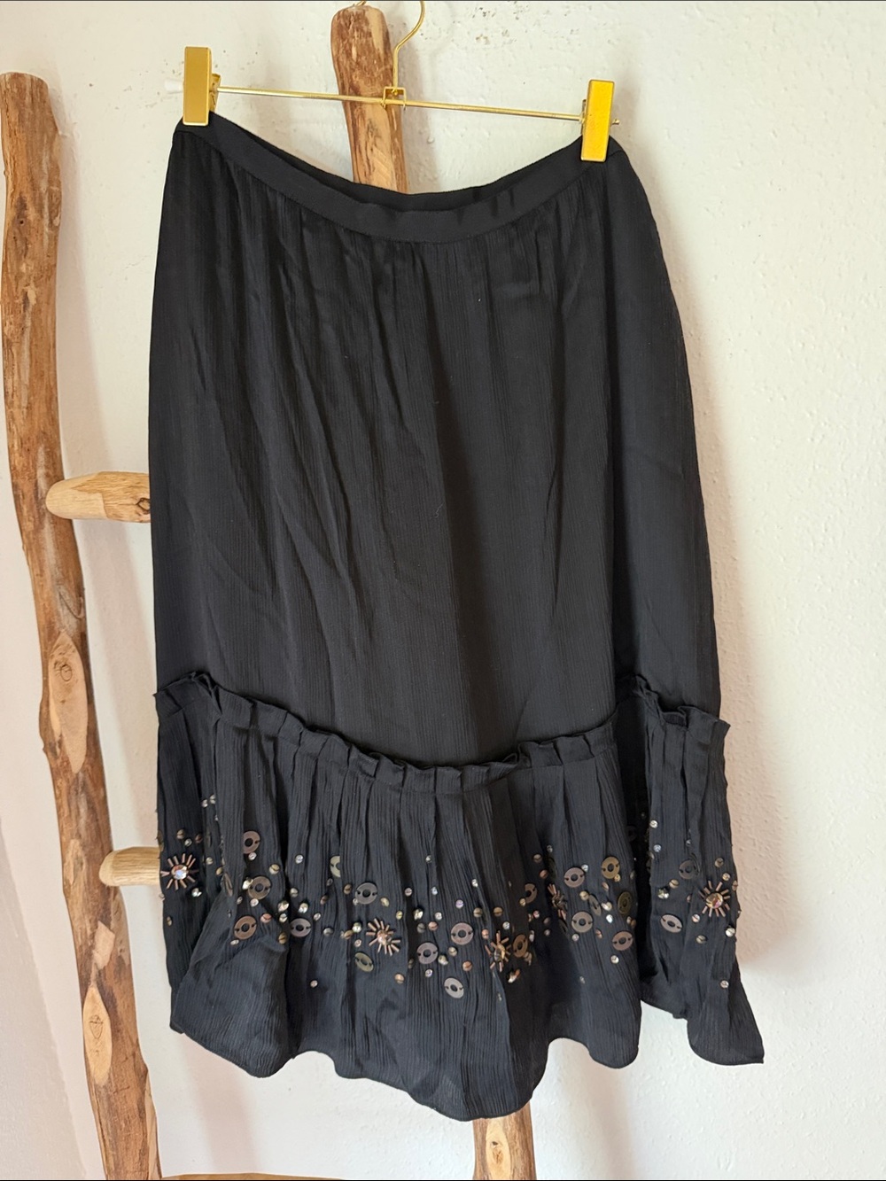 Dana Buchman Black Silk Embellished Beaded Whimsigoth Ruffle Midi Skirt NWT 16